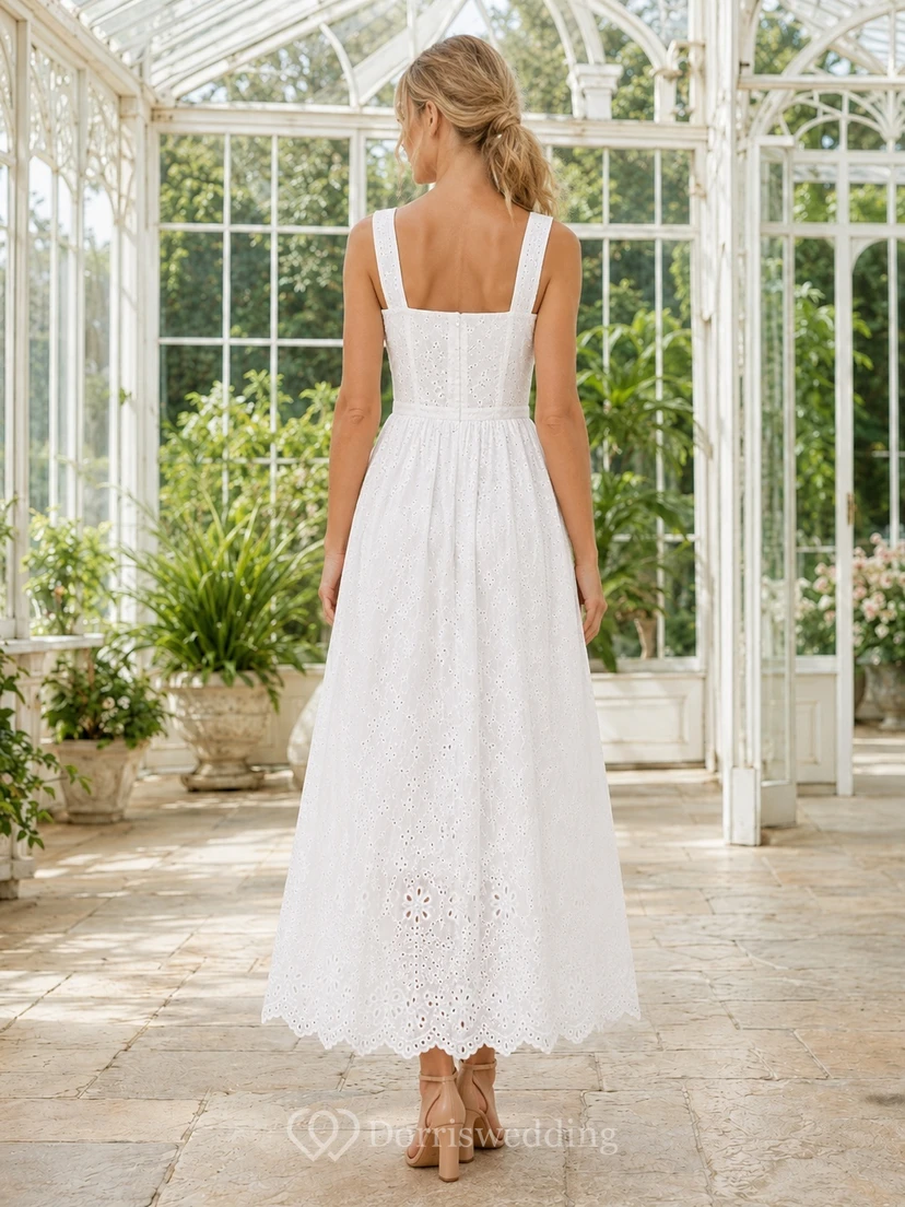 White Square Neck Straps Eyelet Lace A-Line Ankle-Length Simple Summer Guest Dress view 2