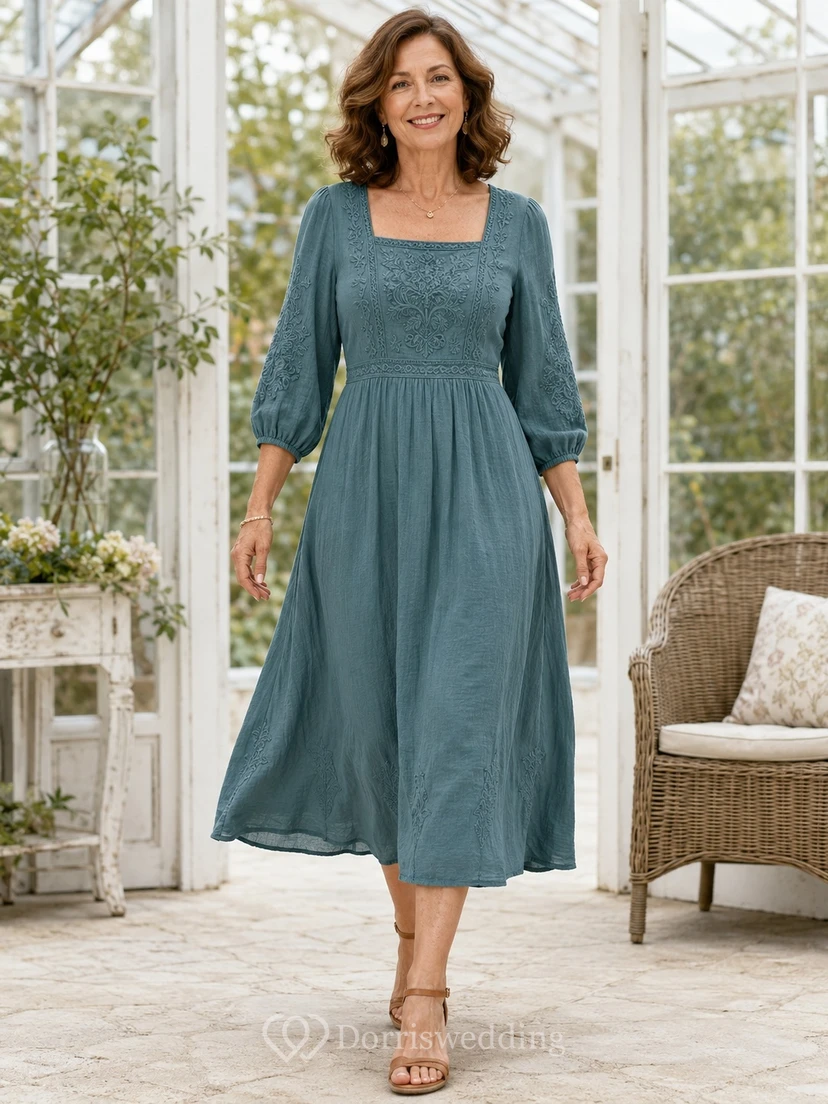 Lässiges Boho-Kleid in Türkis mit eckigem Ausschnitt, Dreiviertelärmeln, A-Linie und Teelänge