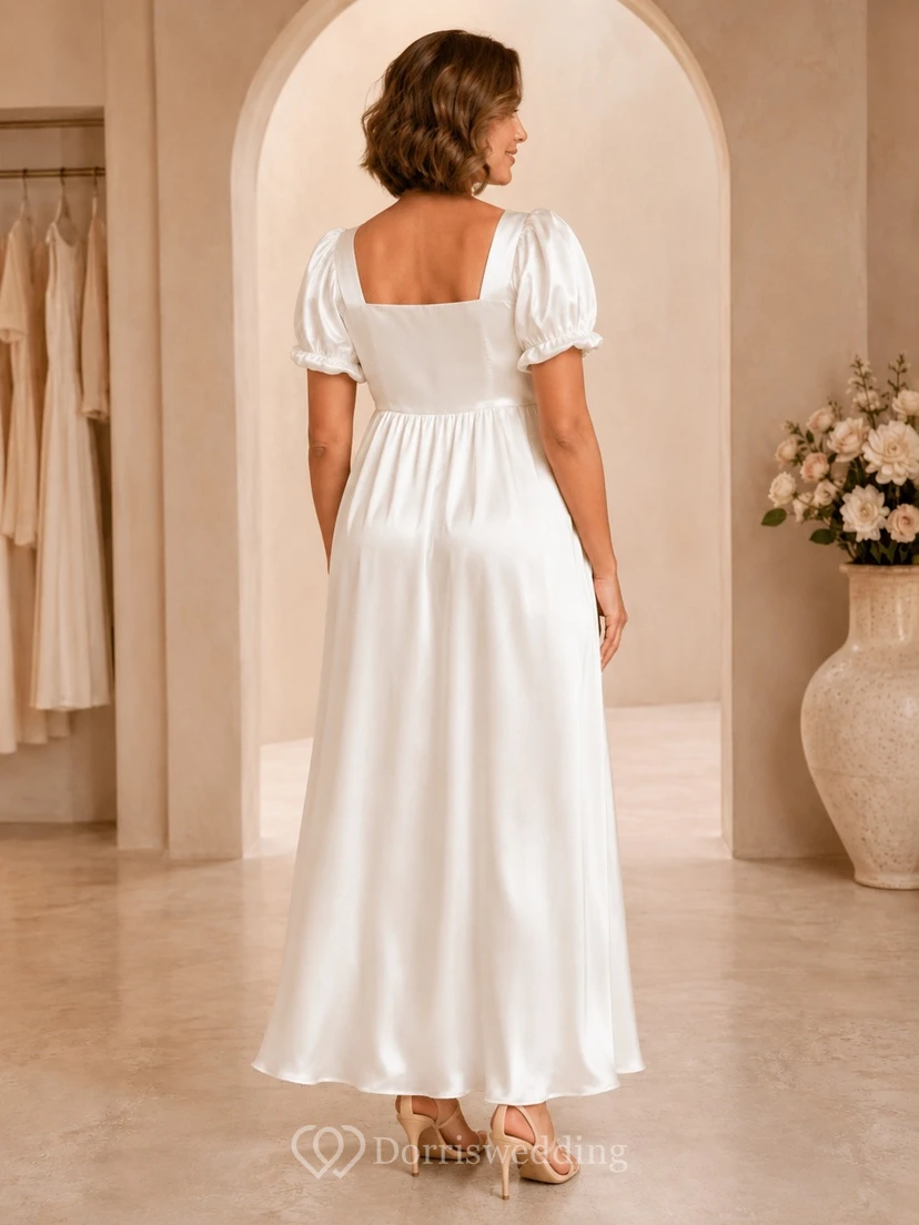 Maternity Square Neck Short Sleeve Satin A-Line Wedding Dress view 2
