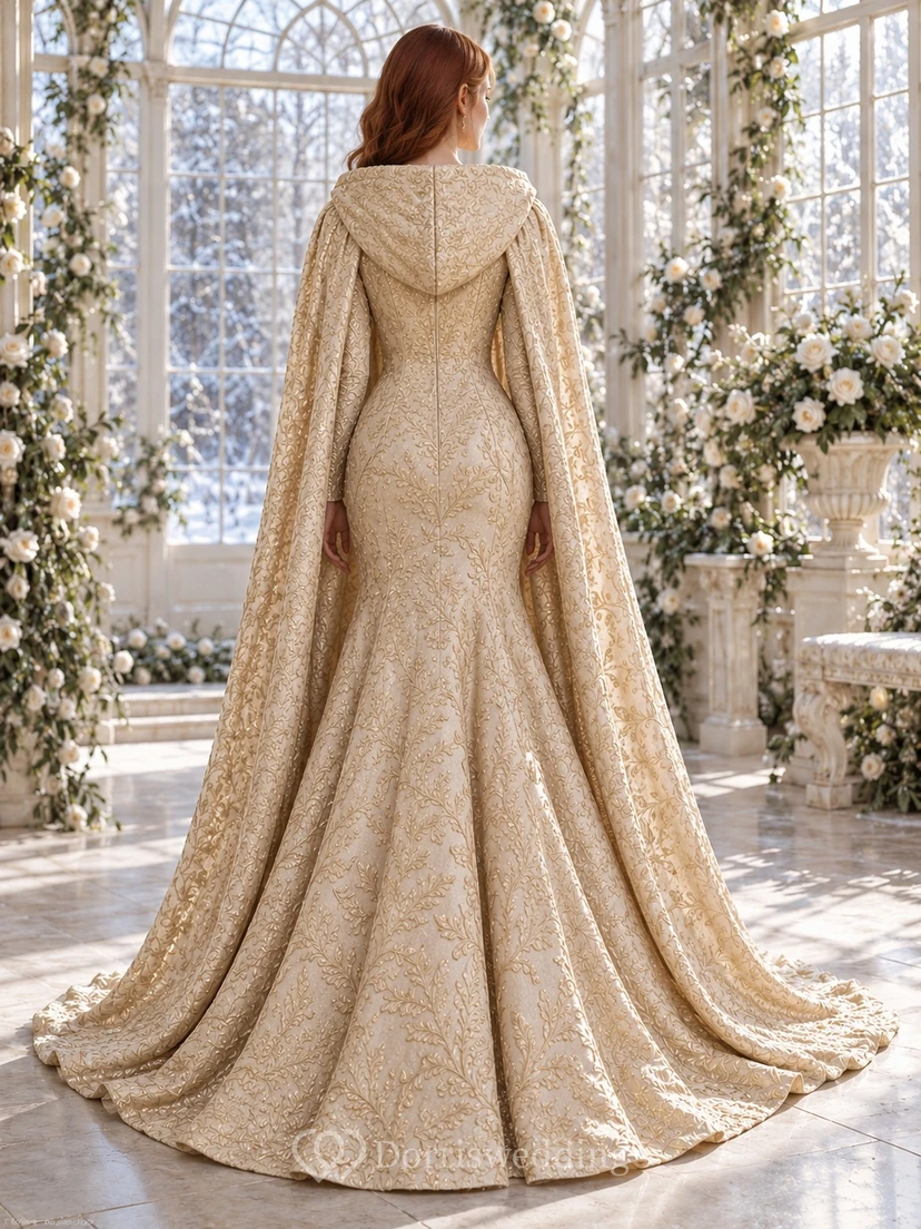 Long Sleeve Gold Brocade Sheath Winter Wedding Hooded Cape Dress view 2