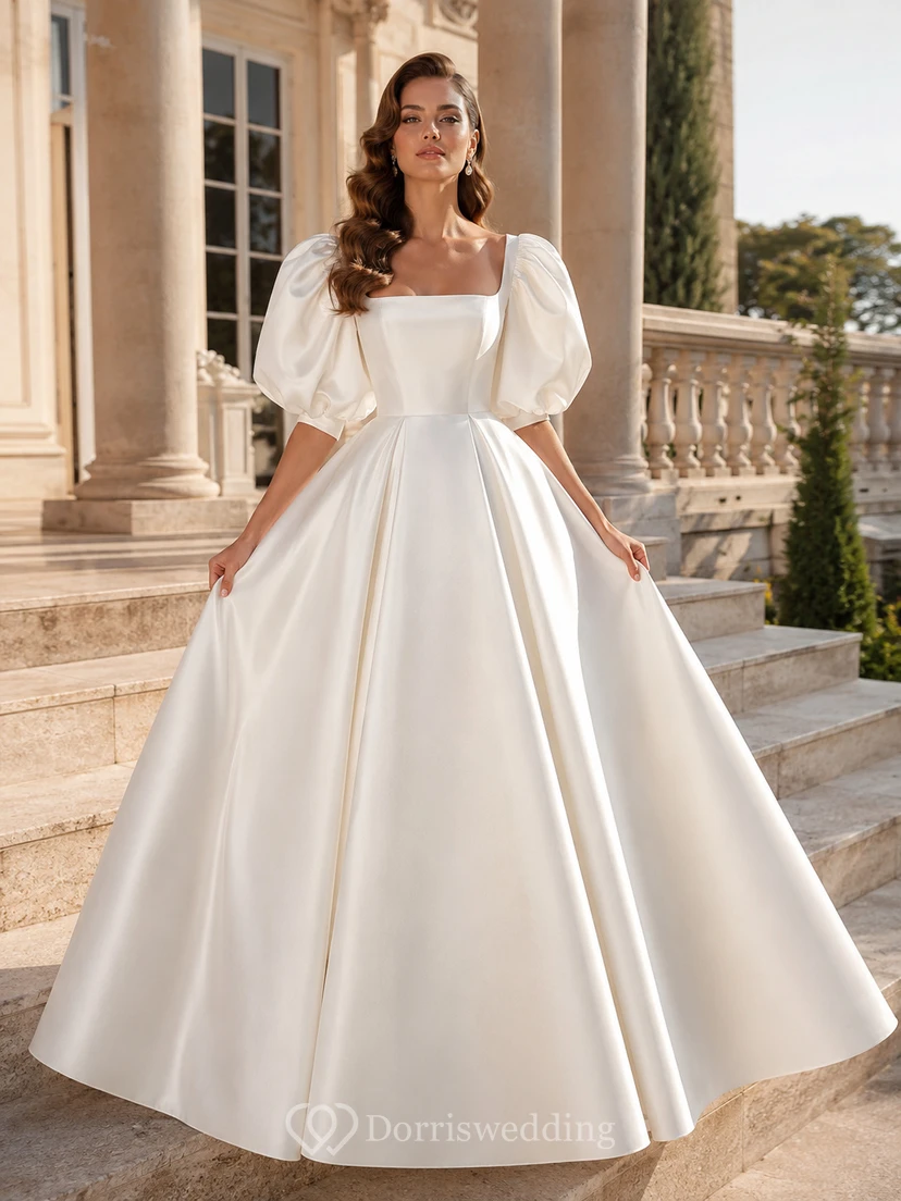 Robe de mariée de bal en satin à col carré et manches bouffantes courtes