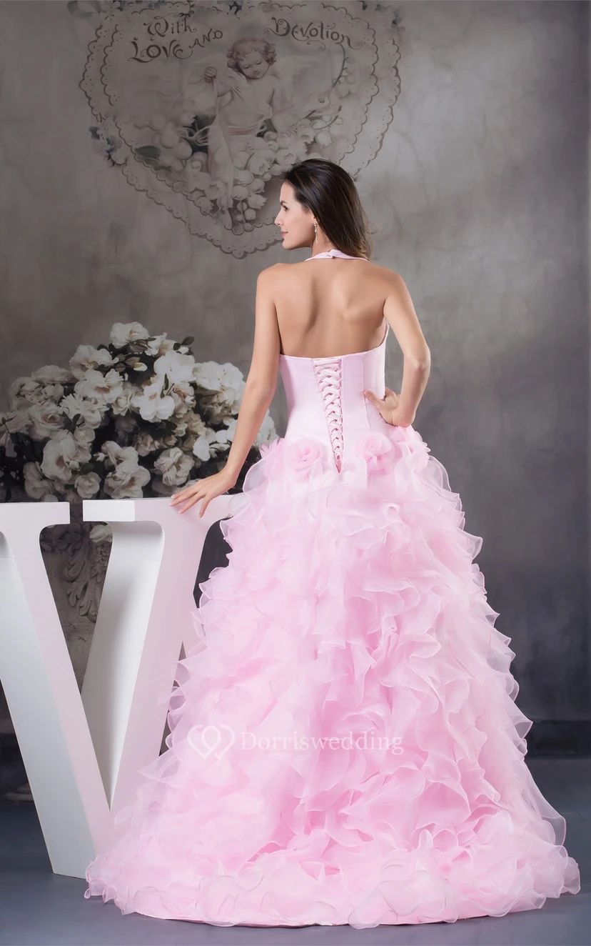 Pastel Ruffled Front-Split Halter and Dress With Flower view 6