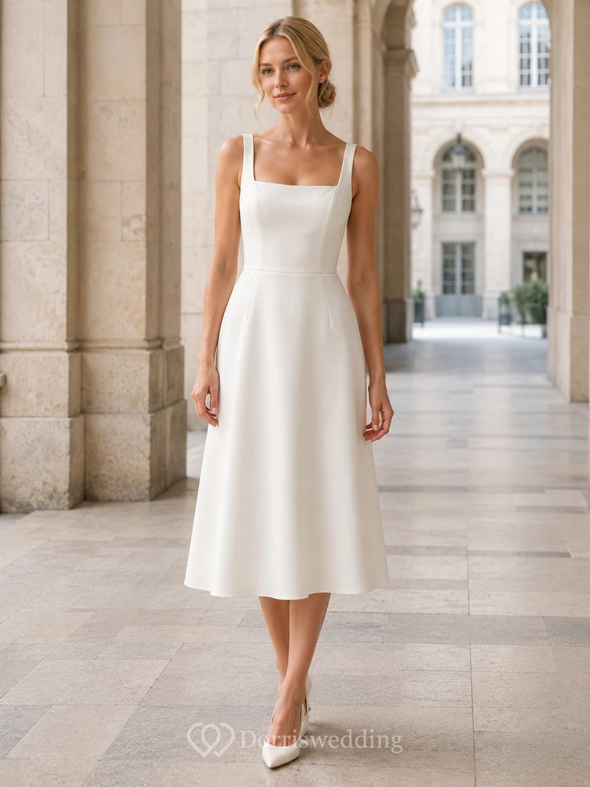 Robe de mariée civile simple en satin, coupe trapèze, longueur thé, col carré et bretelles larges, idéale pour une cérémonie à la mairie