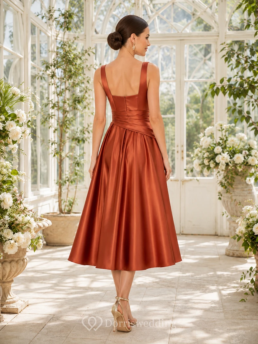 Terracotta Square Neck Draped Satin A Line Midi Guest Dress view 2