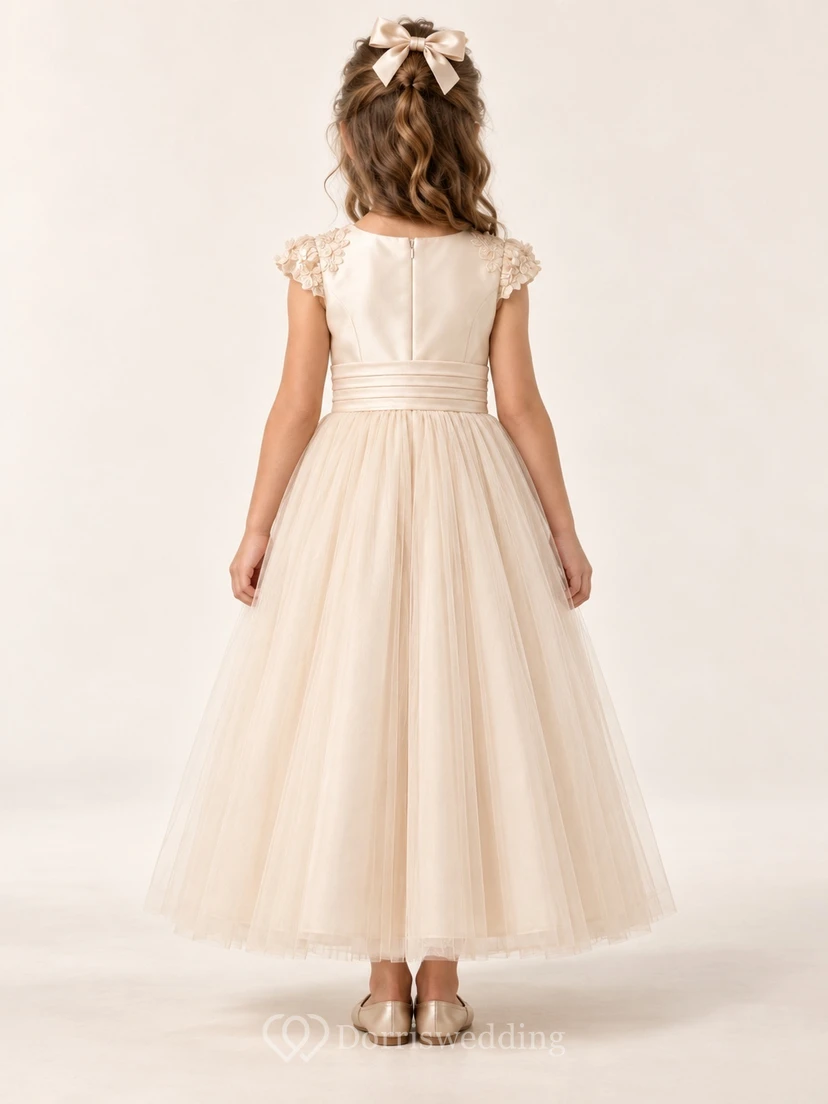 Champagne A-line Tulle Lace-cap Satin-bodice Ankle-length Pleated-waist Round-Neck Flower Girl Dress view 2