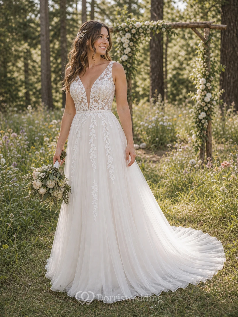 Sexy Boho-Brautkleid im Landhausstil mit V-Ausschnitt, ärmellos, A-Linie, Empire-Schnitt und Illusion-Schnitt aus Tüll – weiß view 9