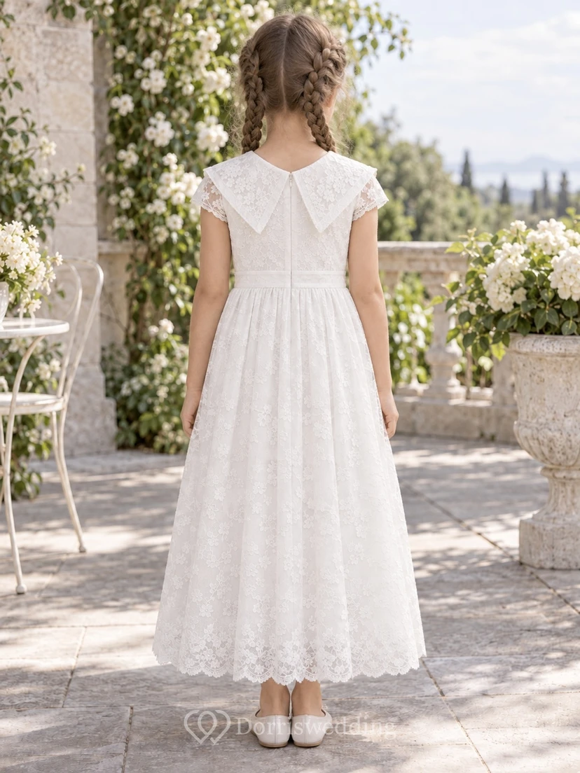 White Floral Pointed Collar Cap Sleeve Ankle-length A-Line Gathered Lace Pearl Button Waist Flowergirl Dress view 2