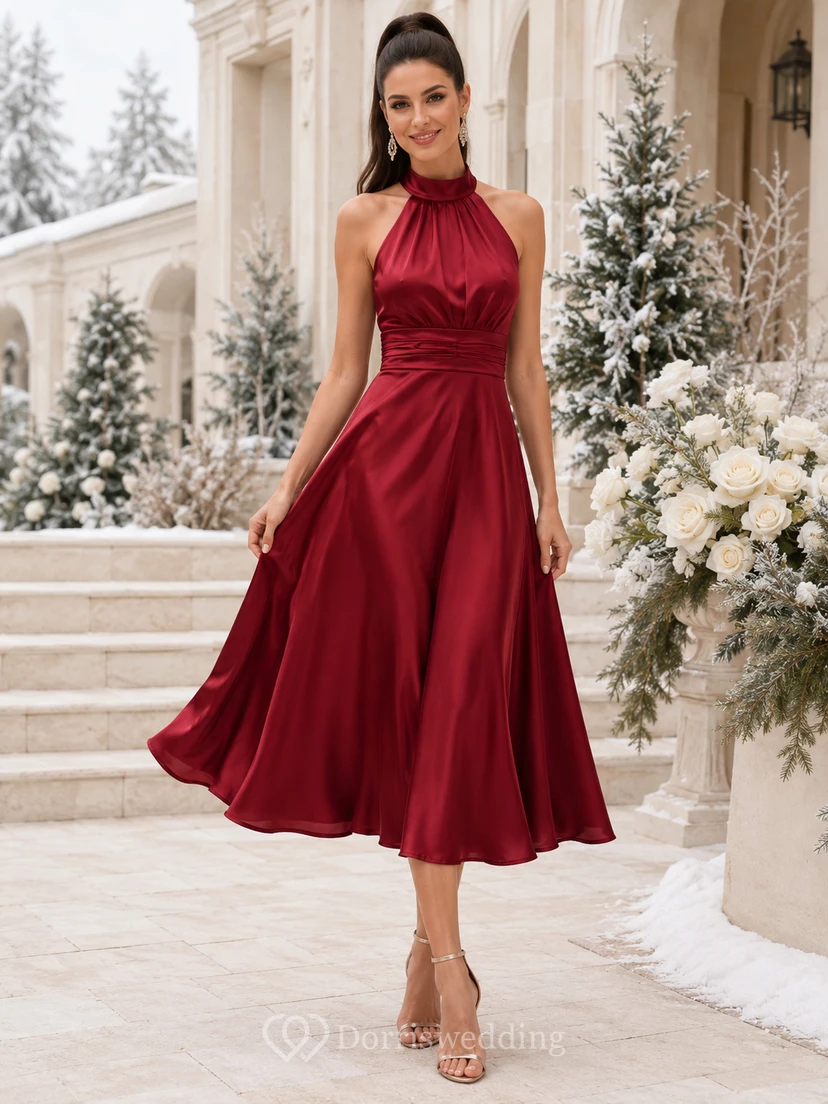Burgundy Gathered Halter Satin A Line Tea Length Guest Dress