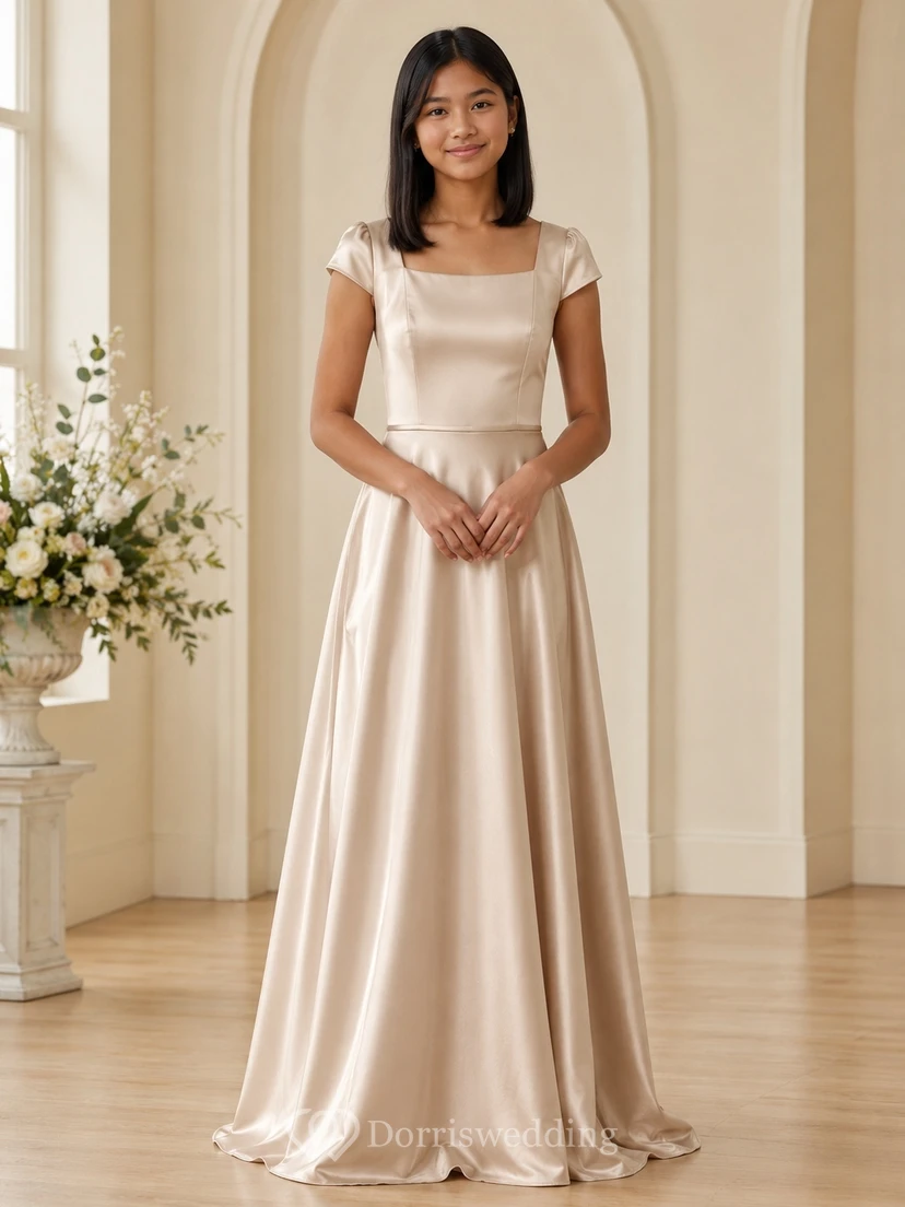 Vestido de dama de honor juvenil, corte en A, manga corta cuadrada, charmeuse elegante