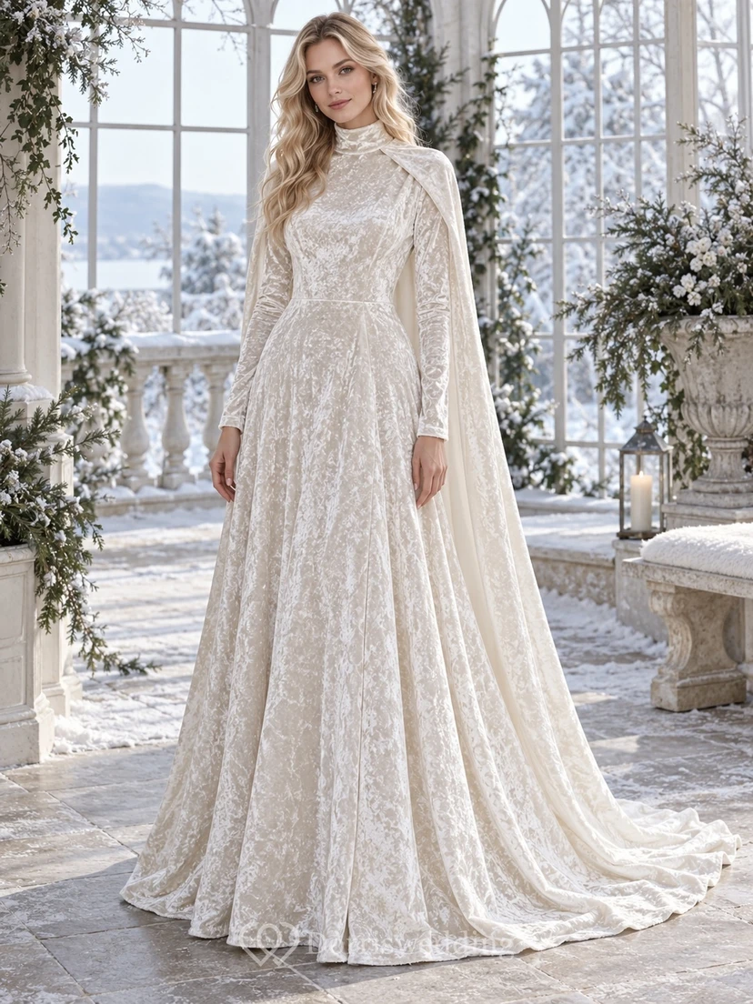 Vestido de novia tipo capa de corte A, modesto, de cuello alto y manga larga, de terciopelo con estampado floral.