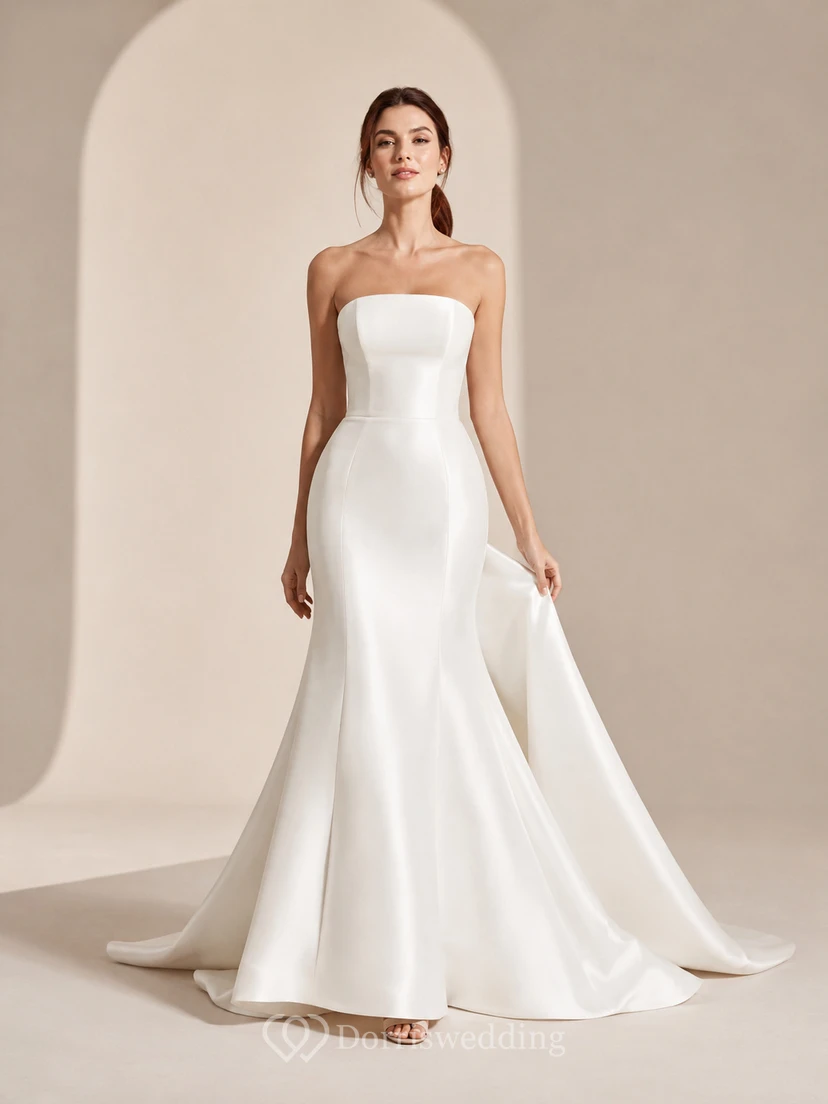 Vestido de novia minimalista de satén estilo sirena sin tirantes con cola.