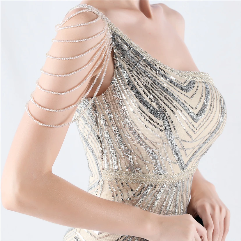 Positioning Flower Beaded Craft Beaded One-Shoulder Oblique Collar High Slit Evening Dress view 69