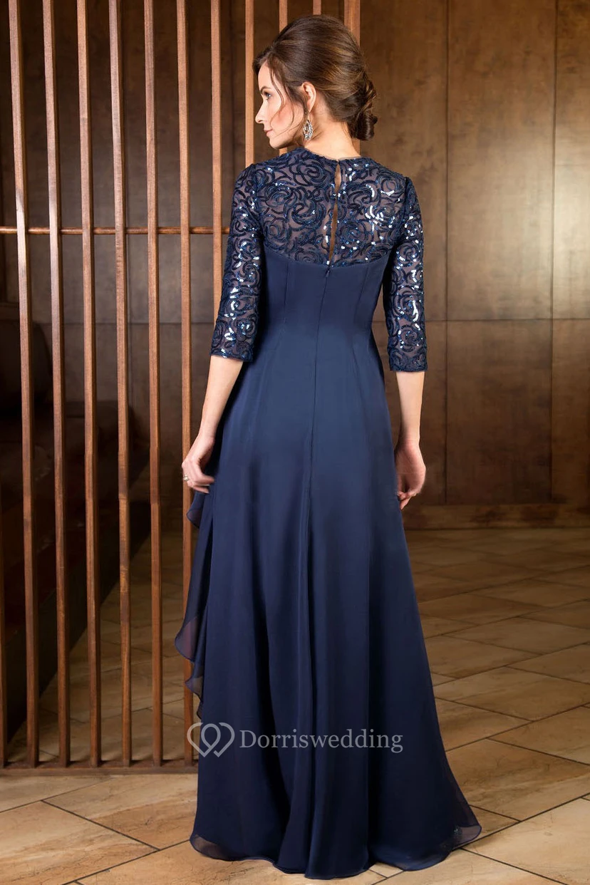 3-4 Sleeved Long Mother Of The Bride Dress With Ruffles And Sequins view 4