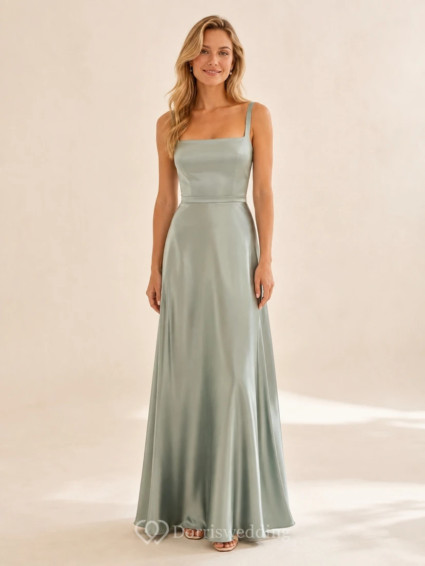 Sage Square Neck Spaghetti Satin A-Line Floor-Length Bridesmaid Evening Dress