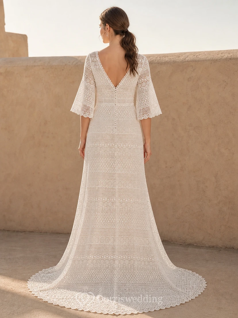 Vestido de novia bohemio de corte recto con escote en V y mangas cortas, estilo tubo, de crochet y rayas, hasta el suelo. view 2