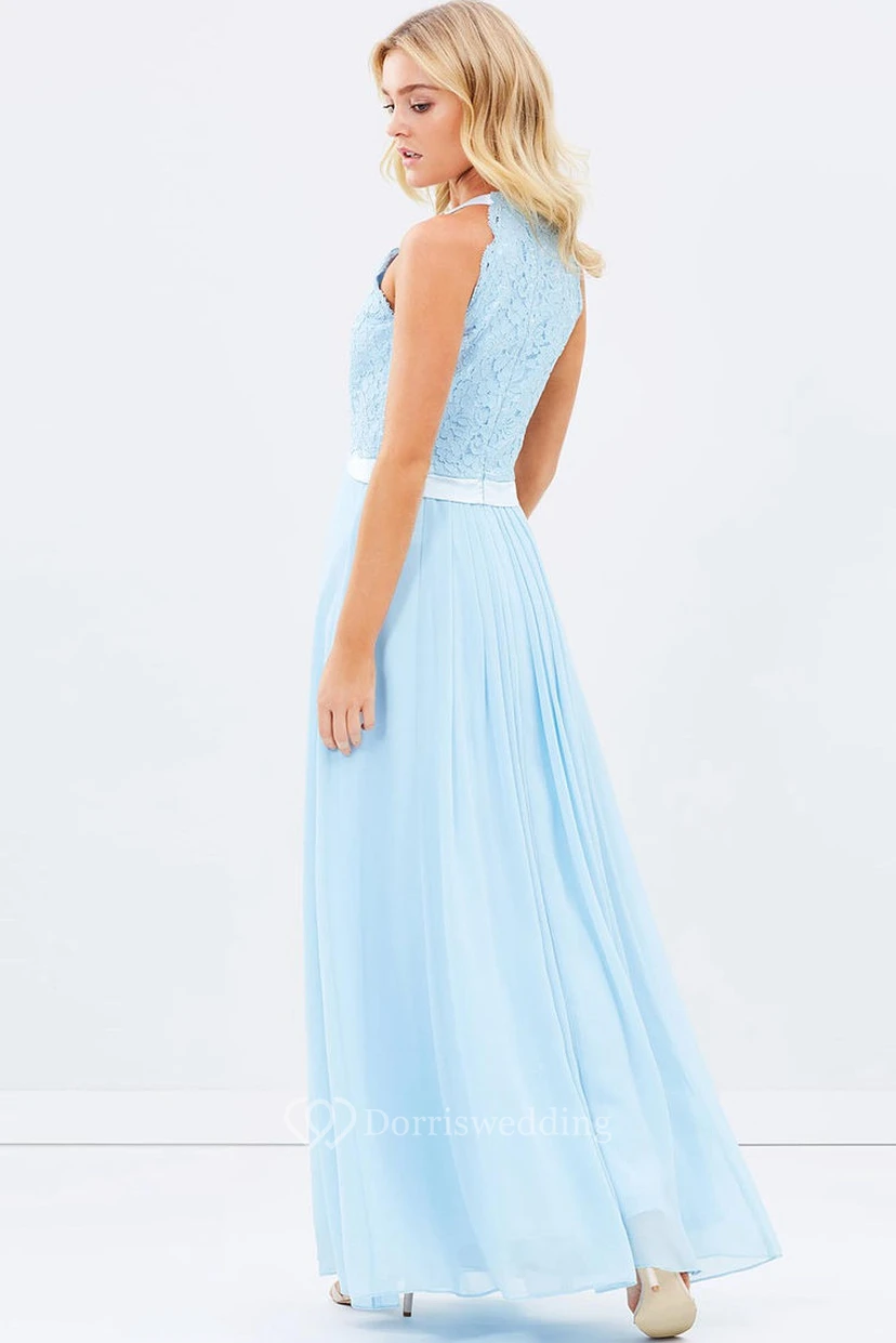 Appliqued Scoop Neck Sleeveless Chiffon Blue Bridesmaid Dress With Ribbon view 2