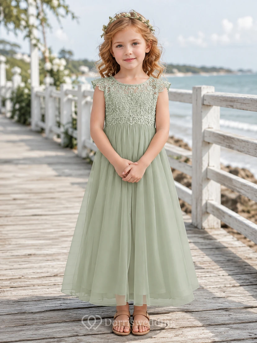 Blumenmädchenkleid aus salbeigrünem Chiffon, A-Linie, V-Ausschnitt, bodenlang, mit Schärpendetails