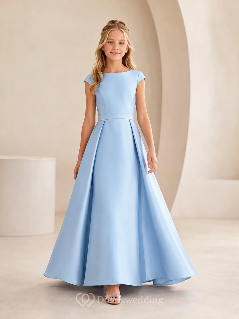 Vestido de dama de honor junior azul cielo, corte A, escote barco, manga corta, de lujo.