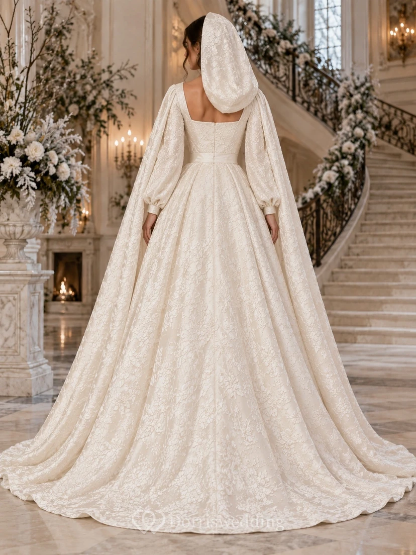 Langärmeliges, eckiges Brokat-Brautkleid in A-Linie mit Kapuze und Kapuze view 2