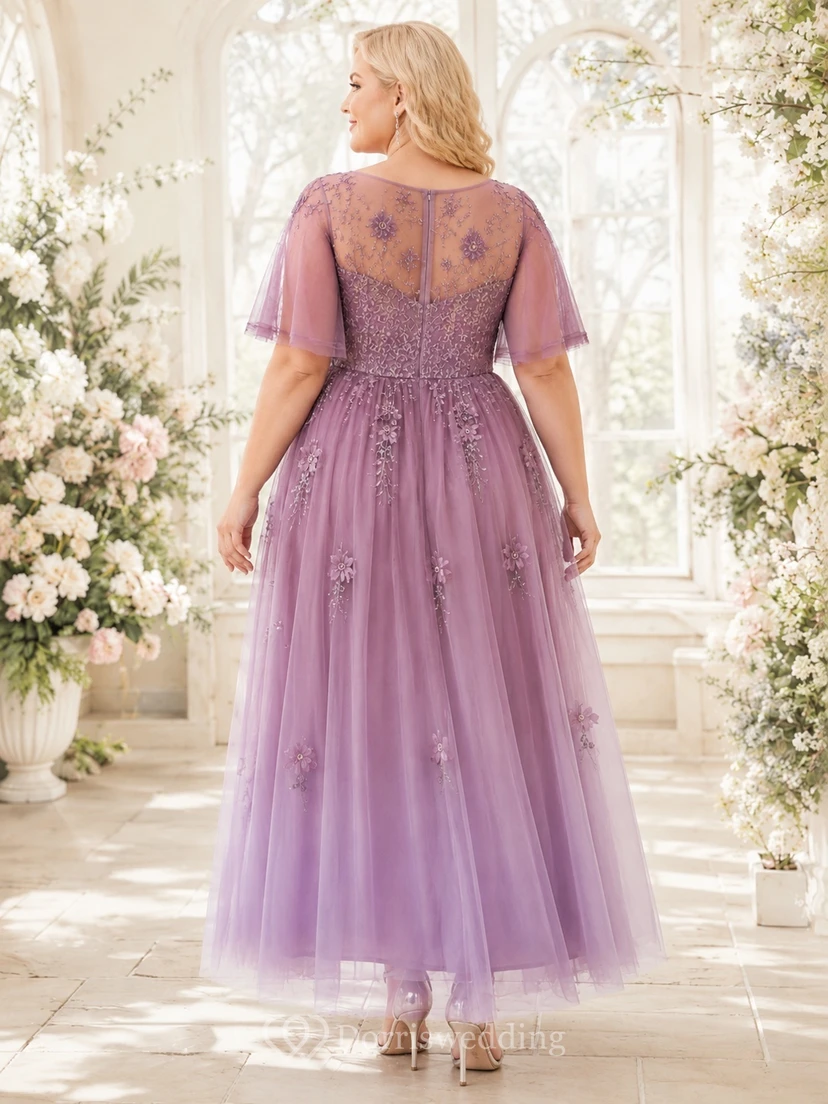 Plus Size Vintage Mauve Bateau Flutter Sleeve Beaded Tulle A-Line Floor-Length Dress view 2