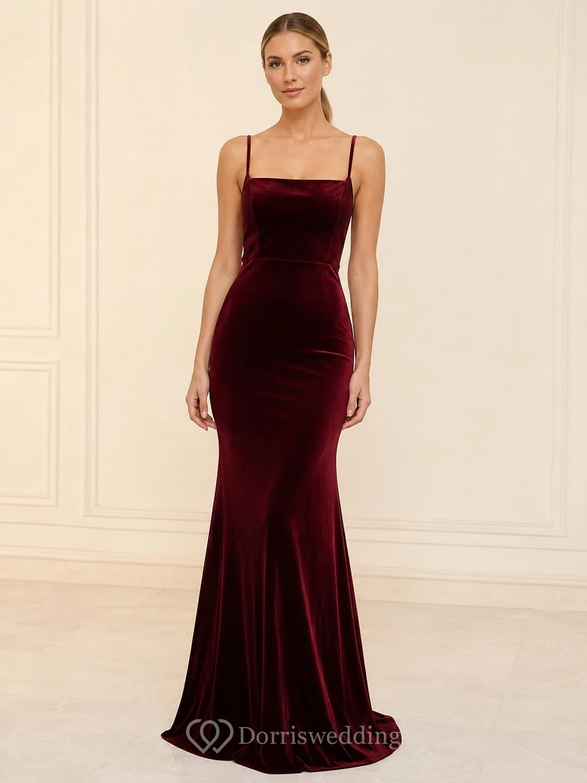 Burgundy Square Neck Floor-Length Velvet Mermaid Bridesmaid Dress