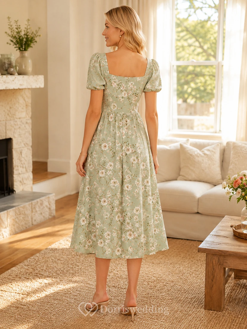 Sage Floral Square Neck Puff Sleeve A Line Midi Dress view 2