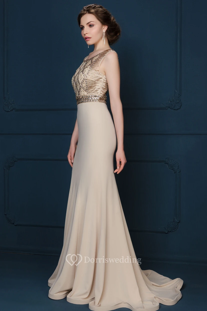 Sheath Sleeveless Scoop-Neck Floor-Length Crystal Jersey Evening Dress With Pleats view 3
