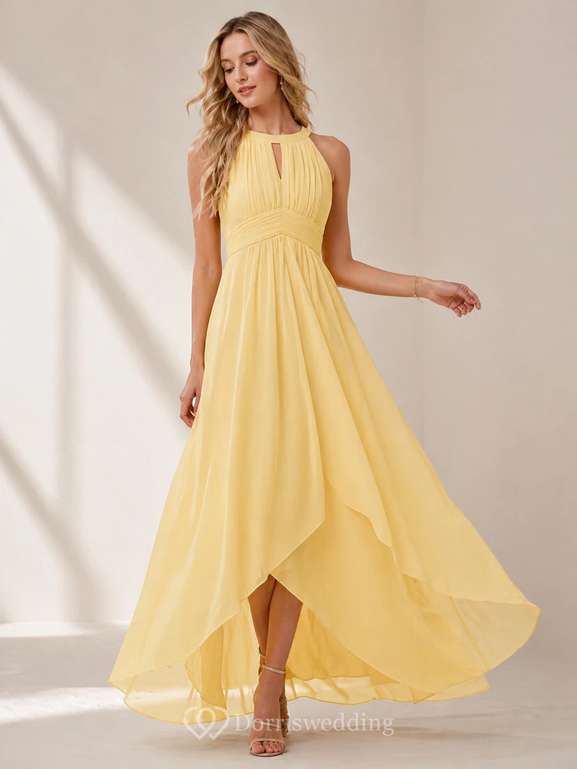 Elegant Burgundy Chiffon Halter Neck Evening Gown with Flowing High-Low Hem view 12