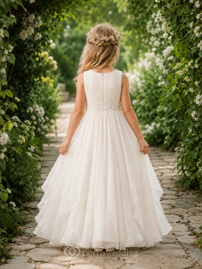 Blumenmädchenkleid aus elfenbeinfarbenem Tüll, A-Linie, Rundhalsausschnitt, bodenlang, mit Schärpendetails view 2