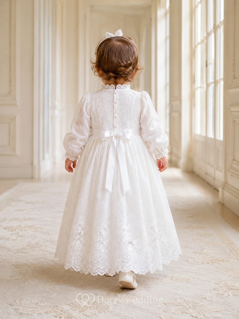Regal Baby Baptism Christening Ceremony Gown A-Line Tea-Length Jewel Neck Puff Sleeve Tulle Lace Bow Back Button Back view 2