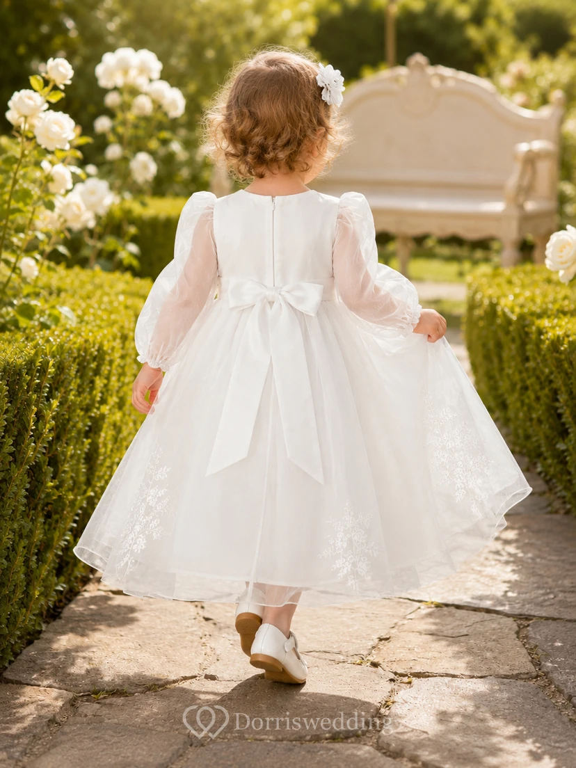 Taufkleid A-Linie Organza Tüll Rundhalsausschnitt Lange Ärmel Teelänge view 2