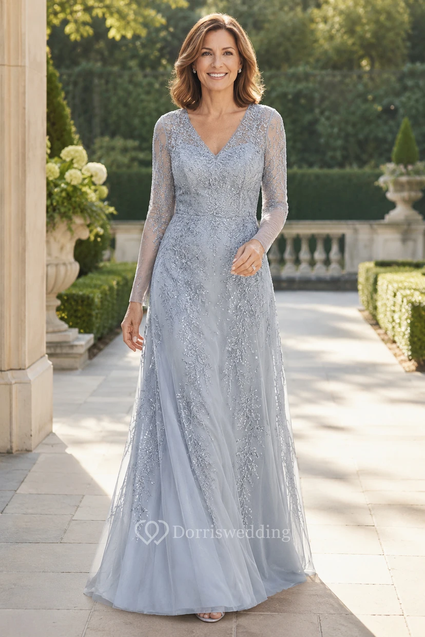 Silberblaues A-Linien-Kleid aus Spitze mit langen Ärmeln