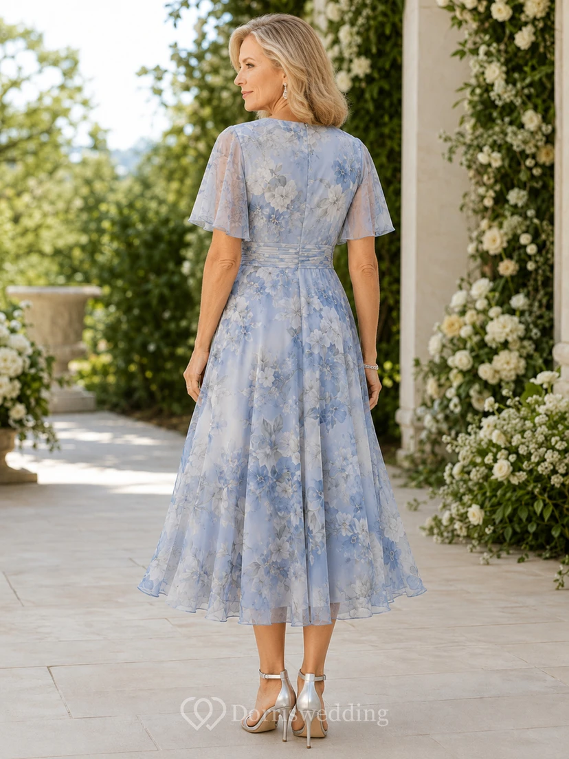 Steel Blue Floral V Neck Flutter Sleeve Chiffon Mother Dress view 2