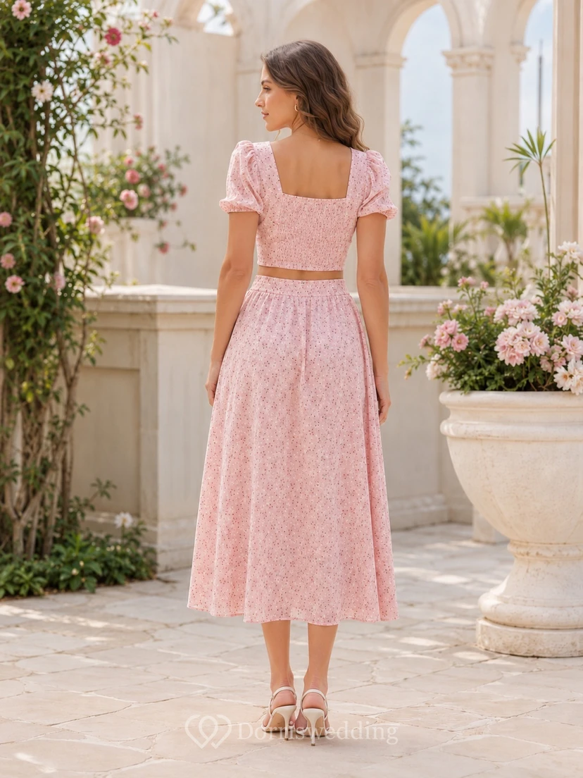 Blushing Pink Square-Neck Puff-Sleeve Lace Two-Piece Tea-length Floral Romantic Guest Dress view 2