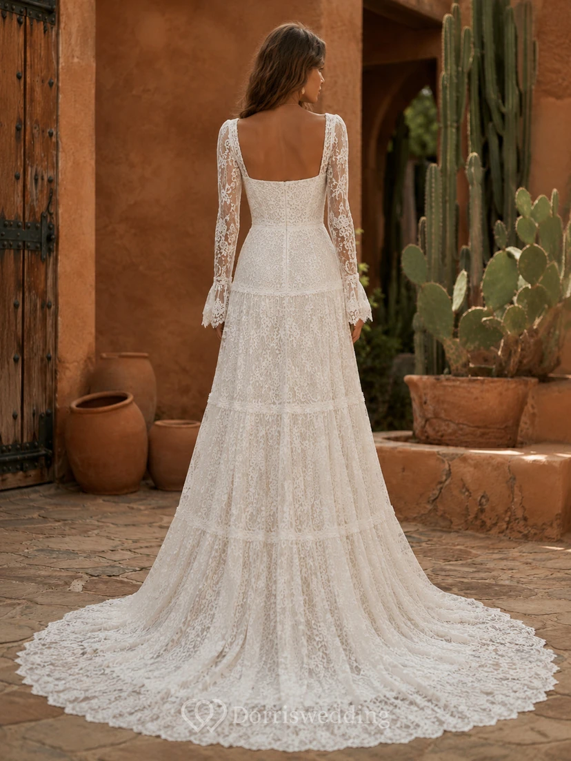 Vintage Boho Lace Wedding Dress with Square Neckline, Long Sleeves & Tiered A-Line Skirt view 2