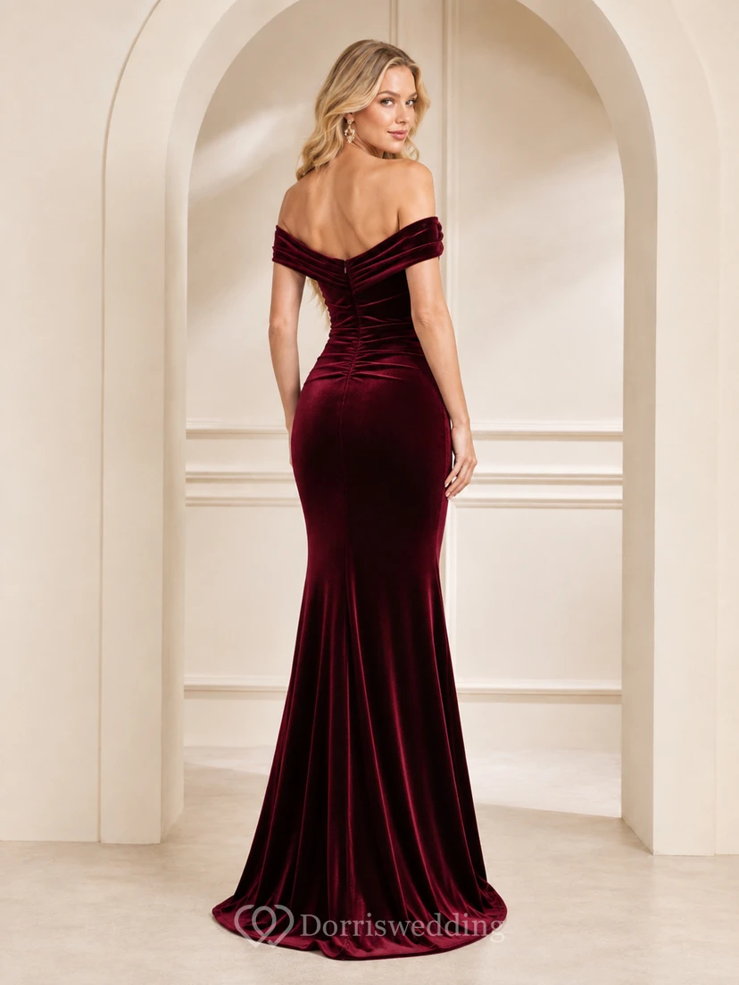Elegant Burgundy Off-Shoulder Sweetheart Ruched Velvet Mermaid Sweep-Train Evening Dress view 2