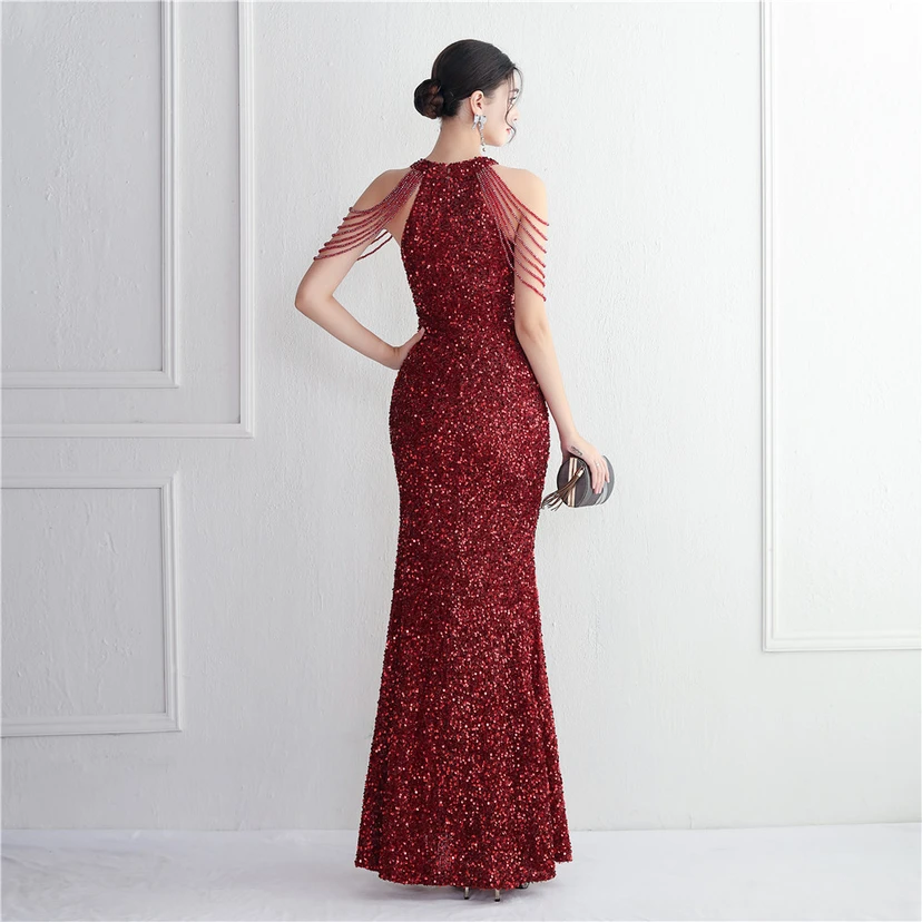 Heavy-Duty Glass Bead Craft Beaded Banquet Evening Dress Temperament Elegant Long Halter Neck Slit Sequins view 46