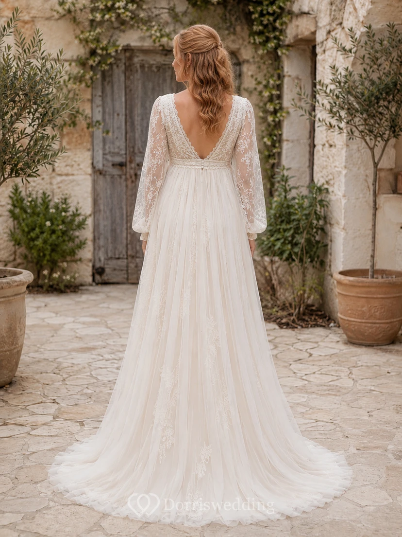 Boho-Umstandsbrautkleid mit langen Spitzenärmeln und V-Ausschnitt view 2