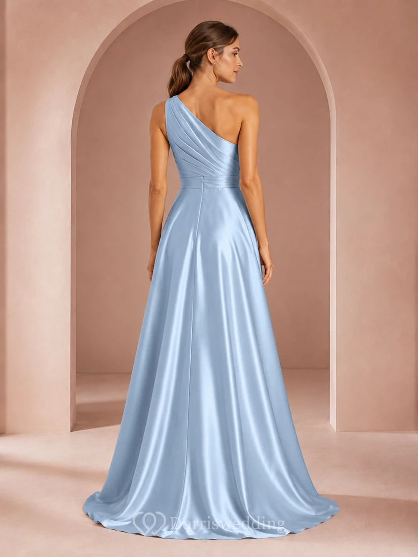 Hellblaues Satin-Abendkleid mit One-Shoulder-Ausschnitt, A-Linie und Drapierung view 2