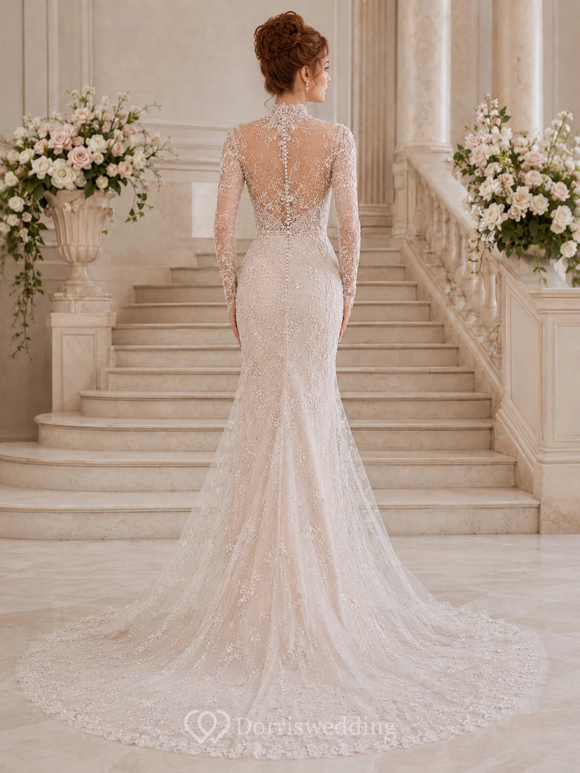 Robe de mariée sirène en dentelle fine, col montant, manches longues, traîne chapelle, ornée d'appliqués floraux, style jardin. view 2