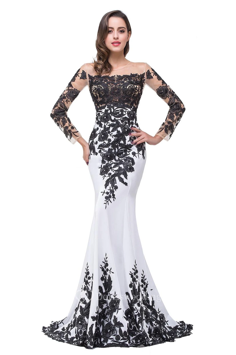 Robe de soirée sirène glamour à manches longues, ornée d'appliqués noirs, robe de mère