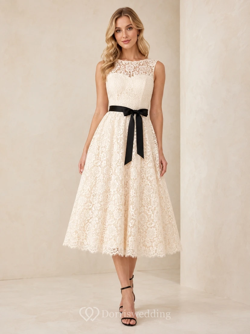 Ivory Lace Tea-Length Homecoming Dress with High Neck Cap Sleeves Black Ribbon Waistband and A-Line Skirt