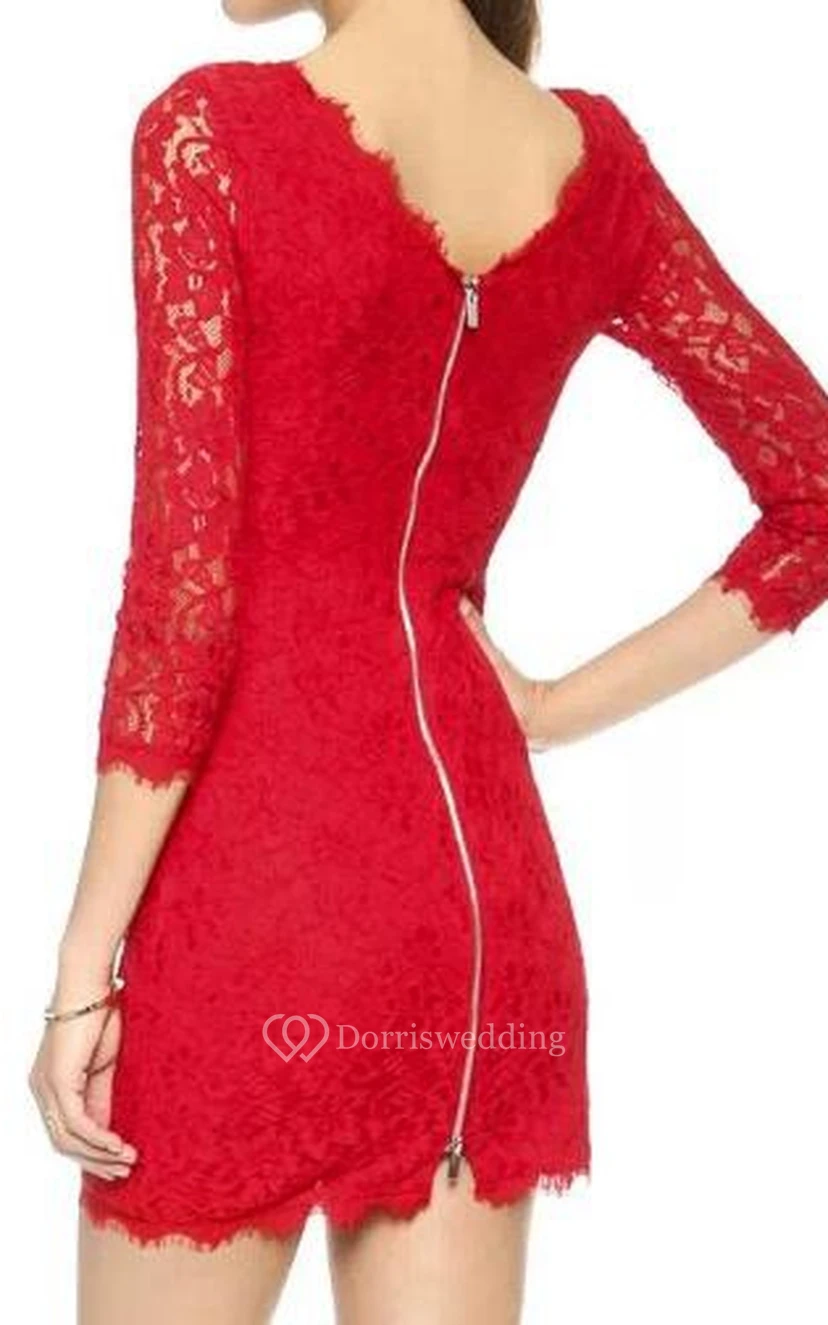 3-4 Sleeved Short Mini Lace Sheath Dress with V-back view 2