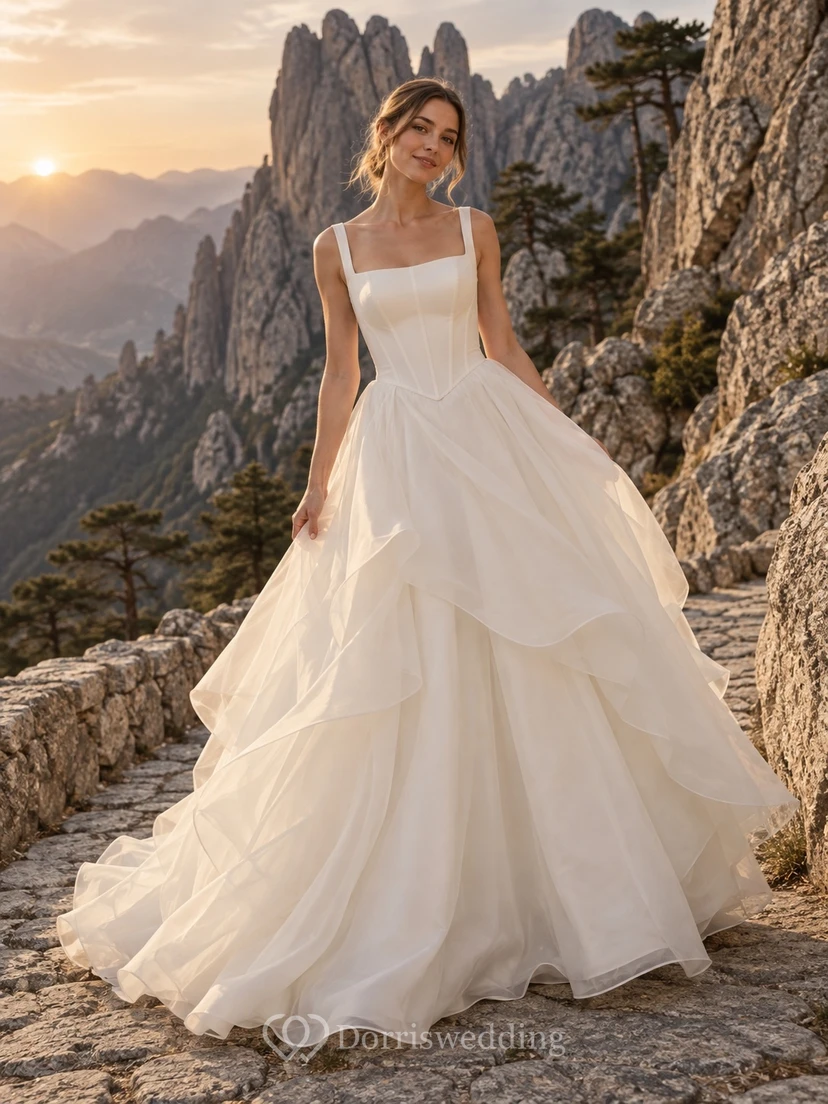 Romantisches, ärmelloses Ballkleid aus Organza mit quadratischem Ausschnitt und gestufter Schleppe