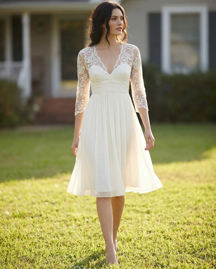 3/4 Sleeve Chiffon Sheath Mid-Length Wedding Dress