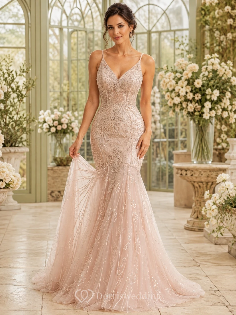 Mermaid Spaghetti V Neck Tulle Sweep Train Luxury Formal Dress