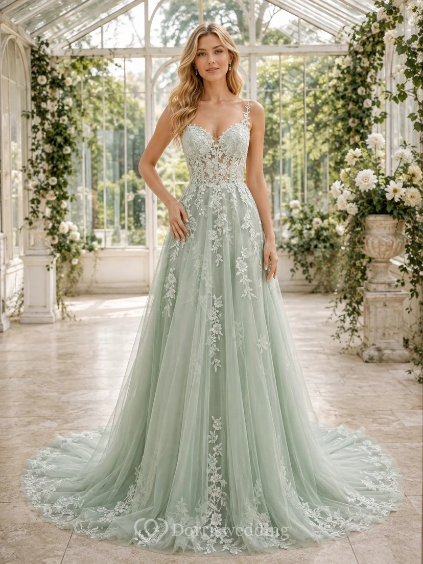 Vestido de novia bohemio romántico elegante con escote corazón, edición C, corte A y encaje.