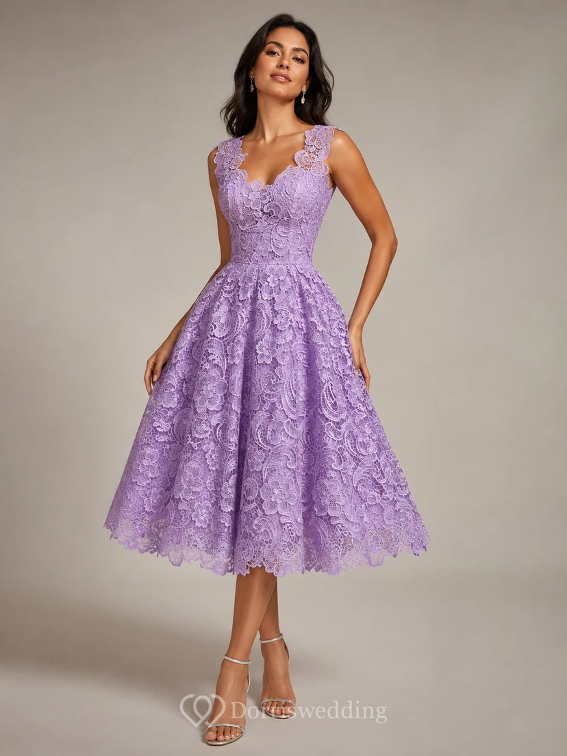 Low V Neckline A-line Knee Length Lace Dress view 7