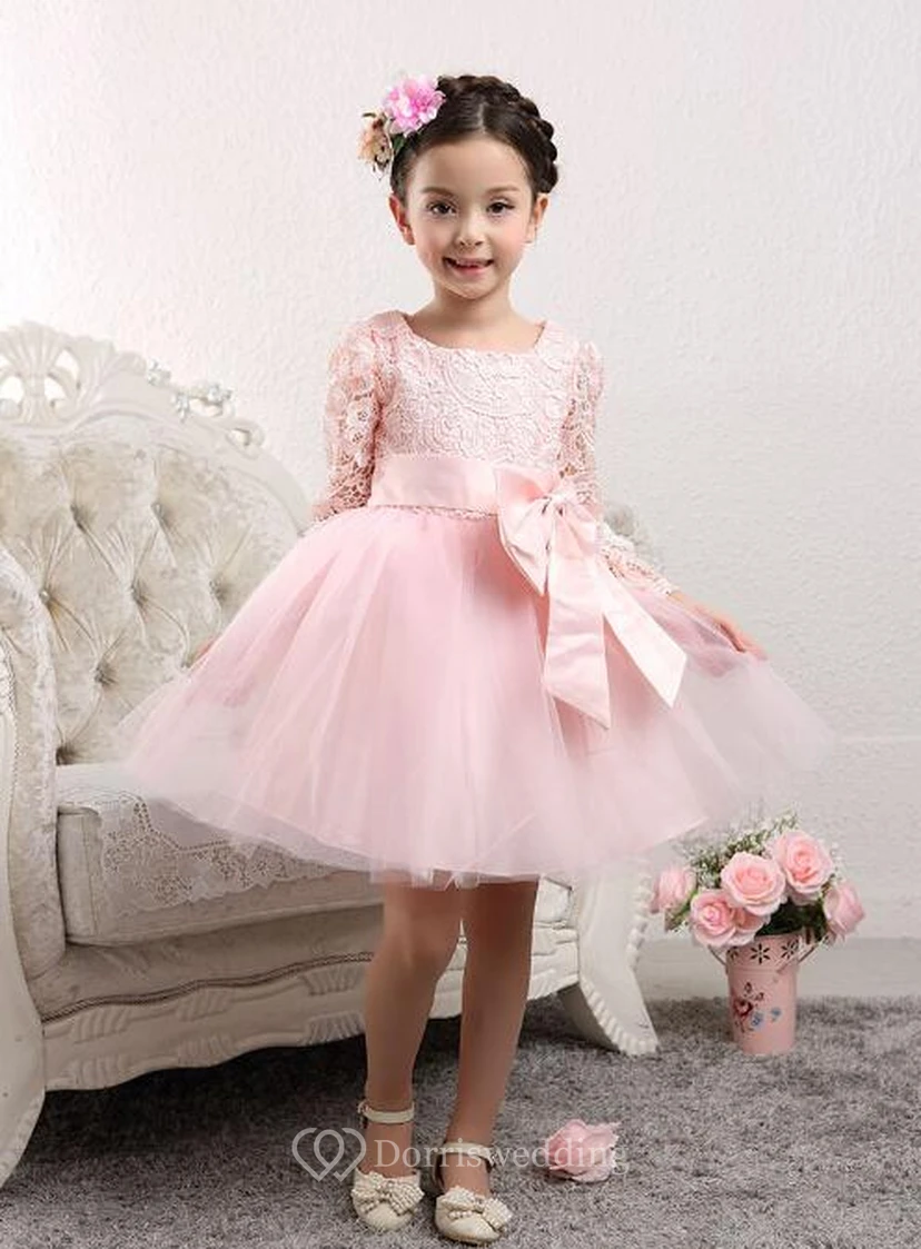 Lovely Tulle Lace Flower Girl Dress Bowknot Long Sleeve Zipper view 4