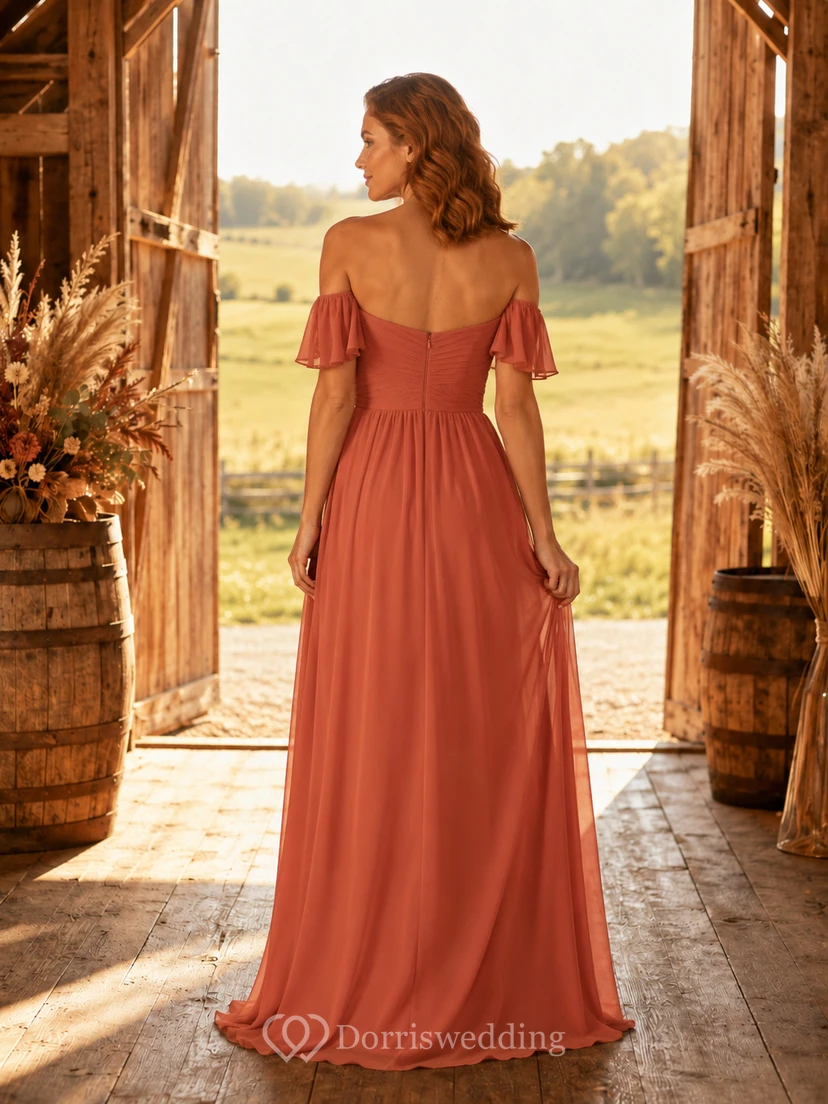 Terracotta Chiffon A-Line Off-Shoulder Sweetheart Flutter Sleeve Pleated Zip Back Floor-Length Bridesmaid Dress view 2